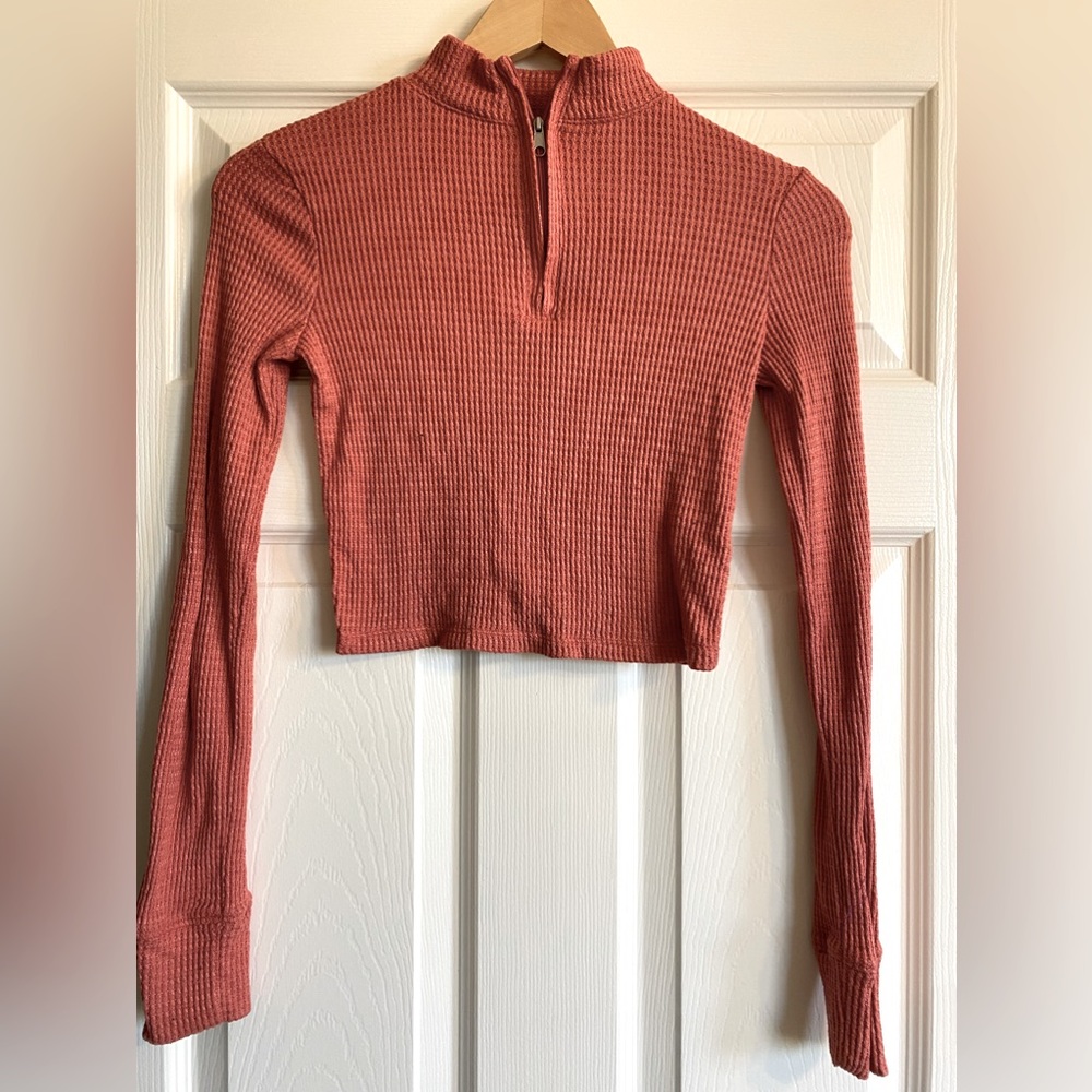 Sonoma Rust Ribbed Cropped Mock Neck Quarter Zip Top XS
